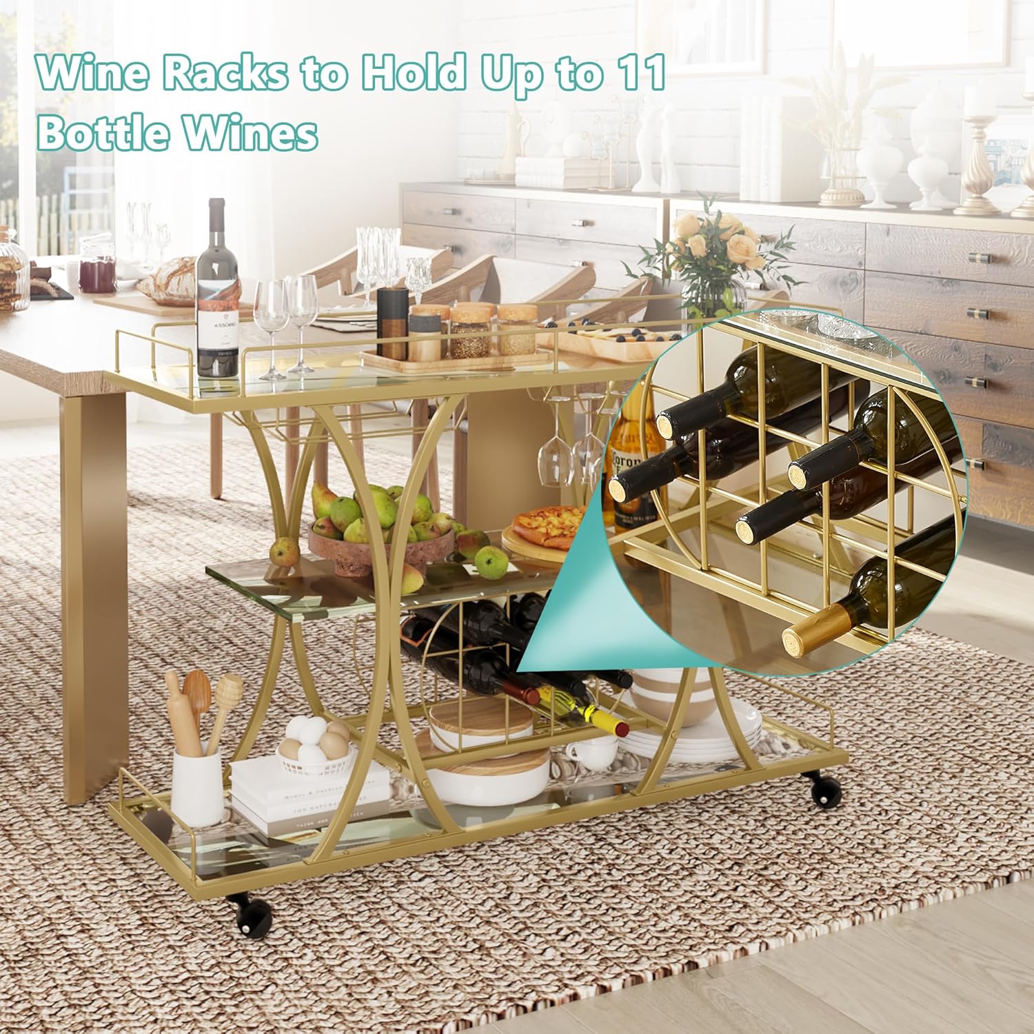 mikibama Carrito de bar industrial de metal móvil de madera para el hogar, pequeño carrito de bar rústico con estante para vino y estantes de