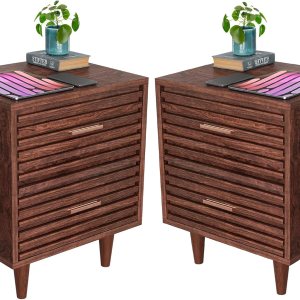 Juego de 2 mesitas de noche modernas de mediados de siglo con 2 cajones de almacenamiento y patas de madera maciza, mesa auxiliar de madera vintage, Juego de 2 mesitas de noche modernas de mediados de siglo con 2 cajones de almacenamiento y patas de madera maciza, mesa auxiliar de madera vintage,