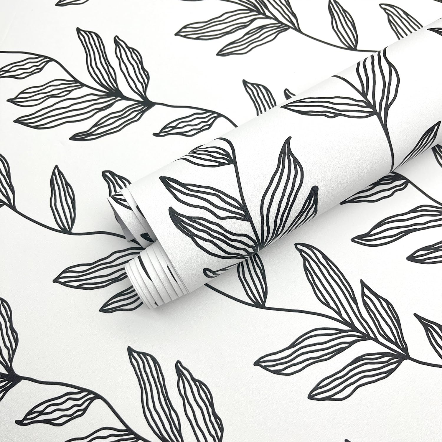 Papel tapiz autoadhesivo extraíble en blanco y negro, papel de contacto con hojas florales, moderno vinilo impermeable para cubrir paredes,