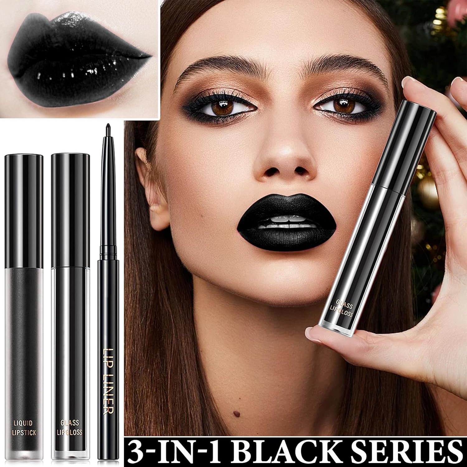 Juego de 3 lápices labiales y delineador de labios líquido mate negro mate, alto pigmentado, brillo de labios, juego de delineadores de labios