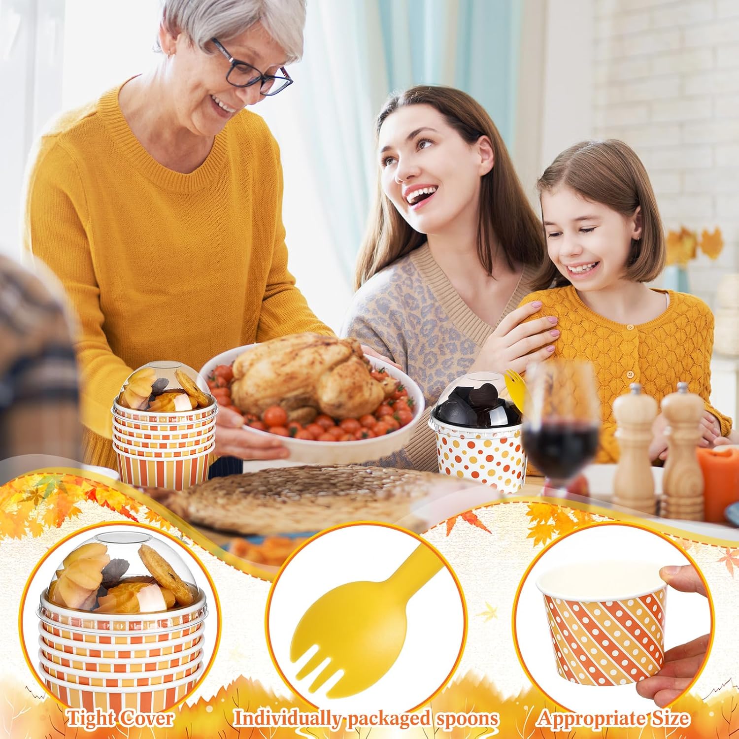 Nosiny Juego de 180 vasos de papel desechables de otoño con tapas de cúpula y cucharas, 80 tazas de otoño de 9 onzas, 100 cucharas, tazas de postre,