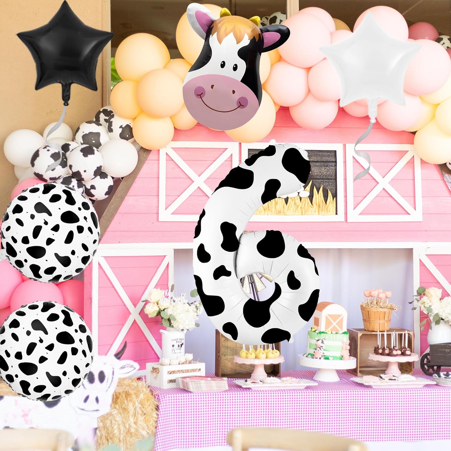 6 globos impresos de vaca para decoración de cumpleaños número 6, globo blanco y negro de vaca para niños, fiesta temática de animales de granja (6)