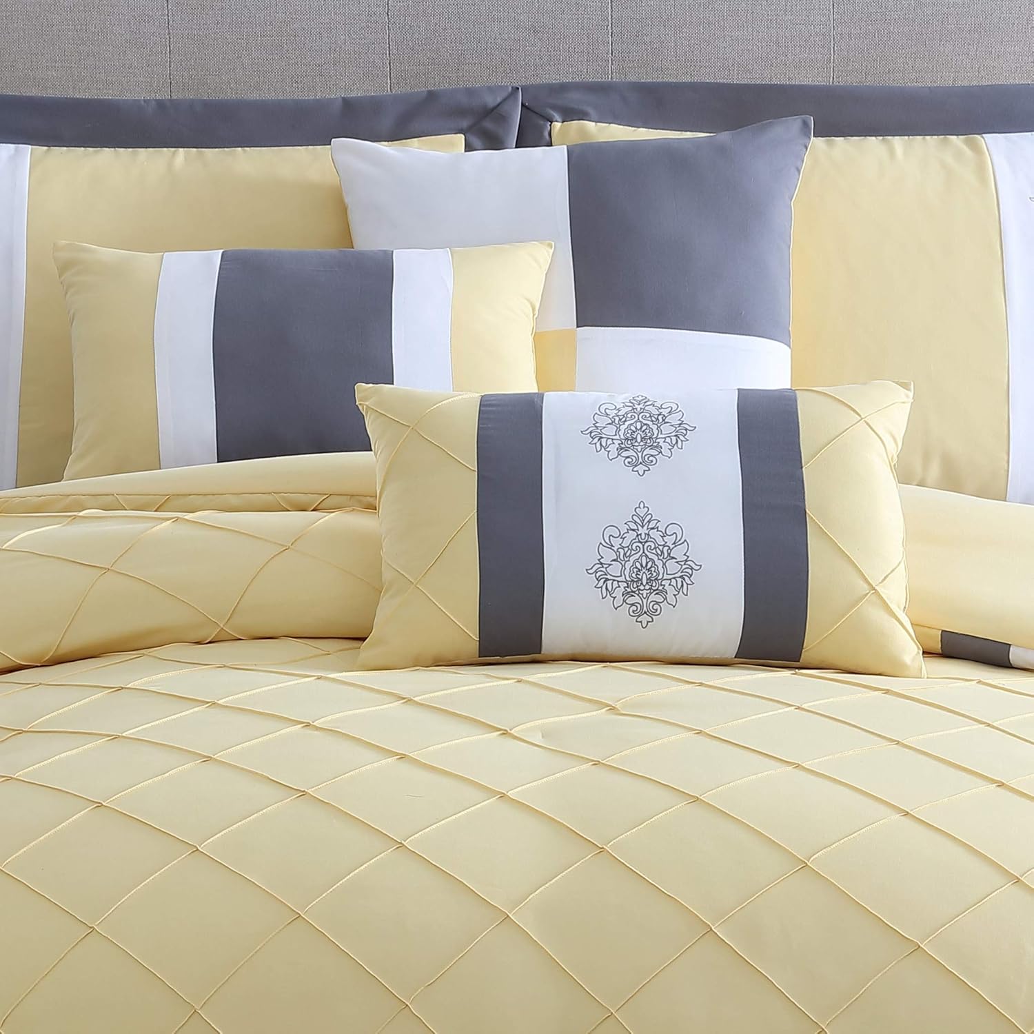 Chezmoi Collection Boston Juego de ropa de cama de 7 piezas, diseño de celosía con rayas, acolchado, costura pinsonic, plisado, Poliéster & Mezcla