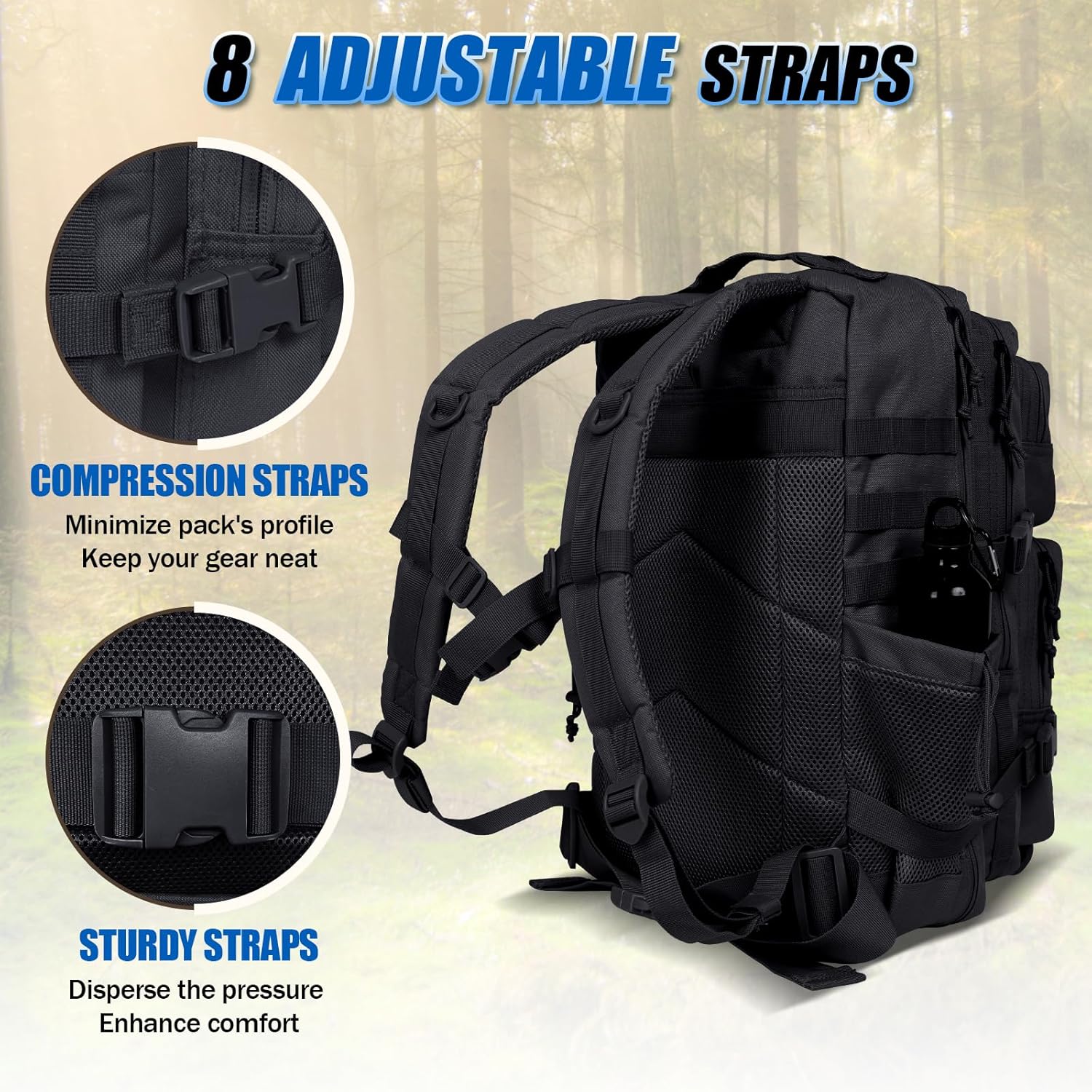 Mochila táctica militar, paquete impermeable del ejército de 45L, mochila para portátil con múltiples bolsillos, bolsa de 3 días, Negro -, Mochilas