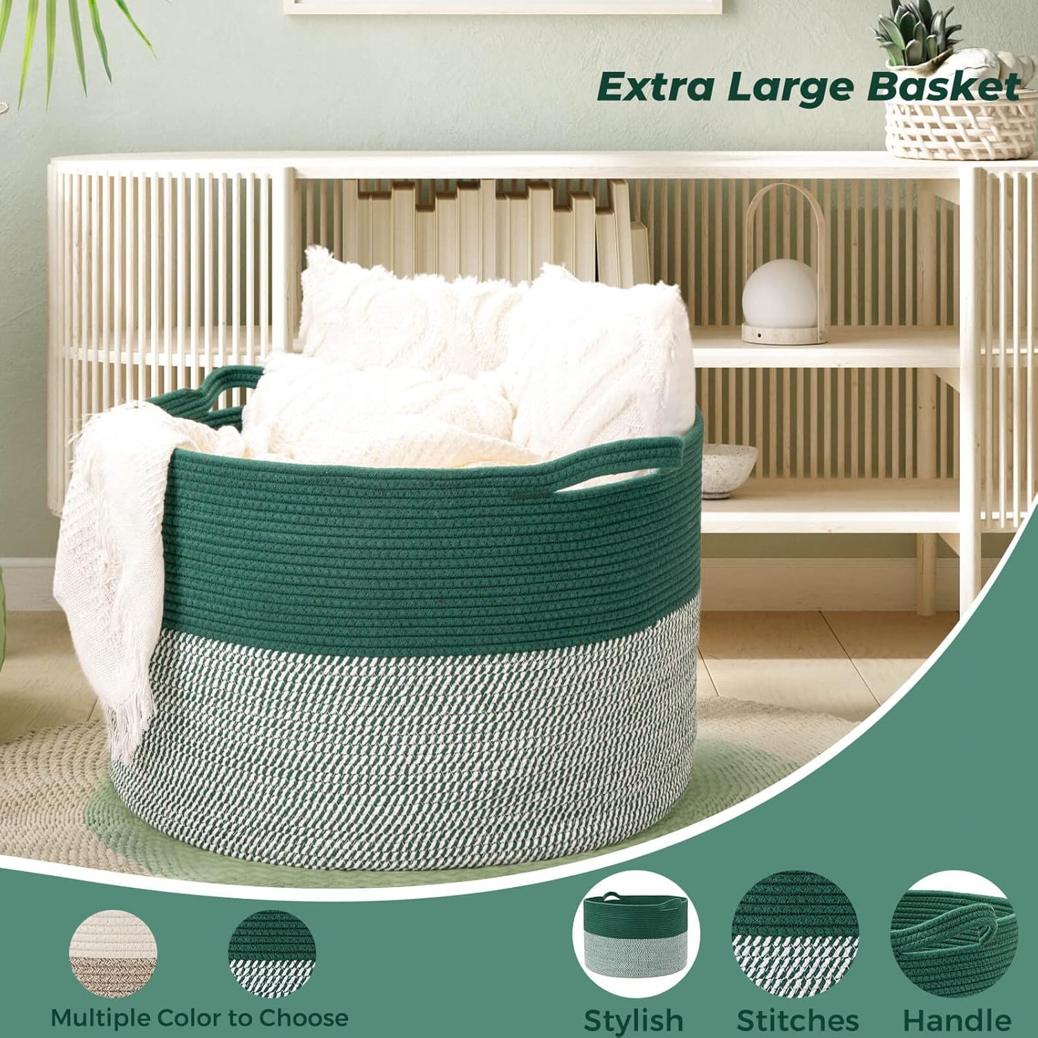 Cesta de almacenamiento extragrande de 83 litros verde para manta en sala de estar, cesta de lavandería gigante, cesta de juguetes para bebé con
