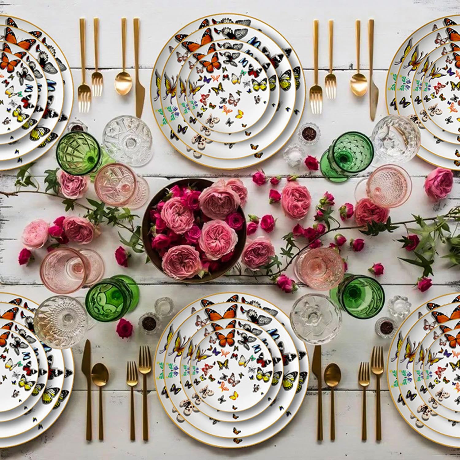 Butterfly Bone – Plato de porcelana de porcelana de 10.5 pulgadas, plato de borde dorado, juego de 4, para ensalada, aperitivo, microondas y