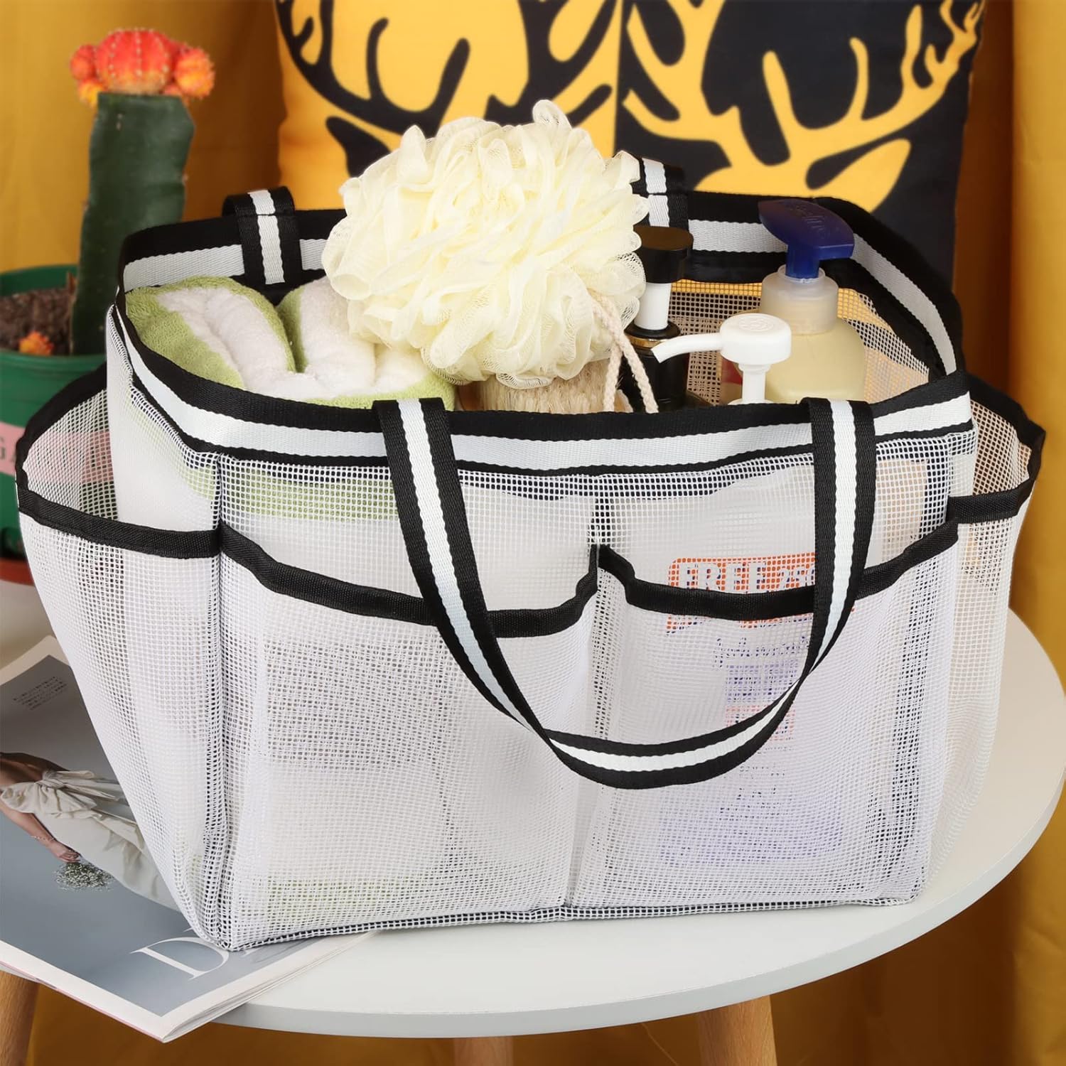 Bolsa de malla XL para ducha, grande, portátil, para dormitorio, gimnasio, campamento, baño, color blanco