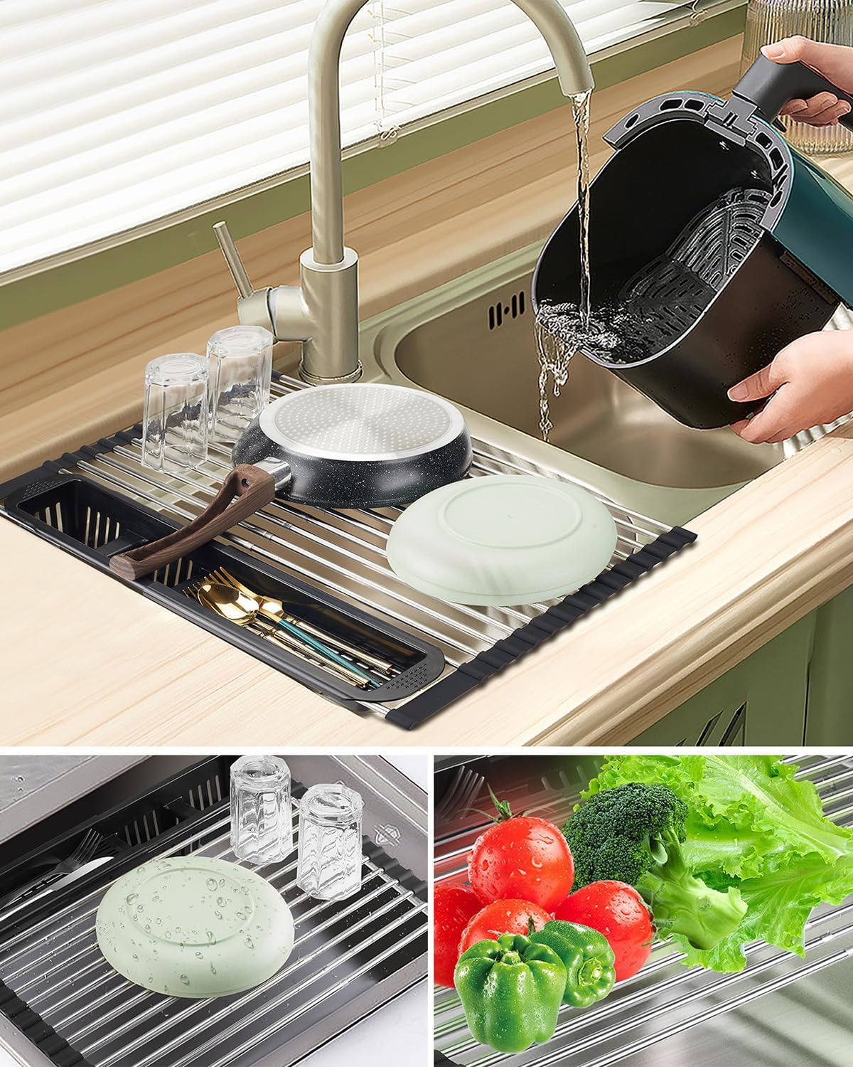 CLNGAI Escurridor de platos enrollable, escurridor de platos extensible sobre el fregadero, estante de cocina de acero inoxidable con soporte para