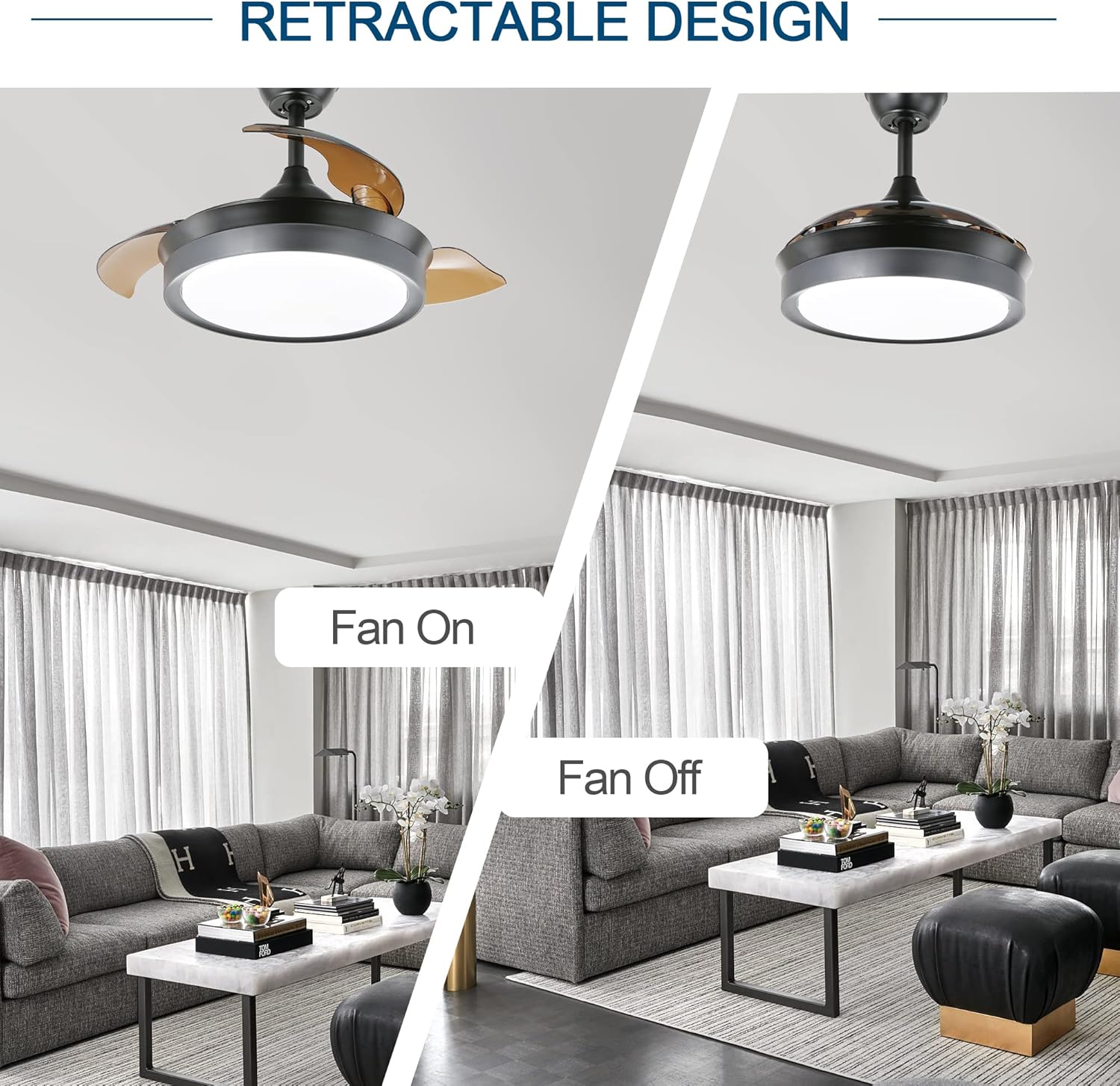 Dawn Whisper Ventilador de techo retráctil de 36 pulgadas con luces y control remoto, moderno ventilador de techo con aspas retráctiles, motor