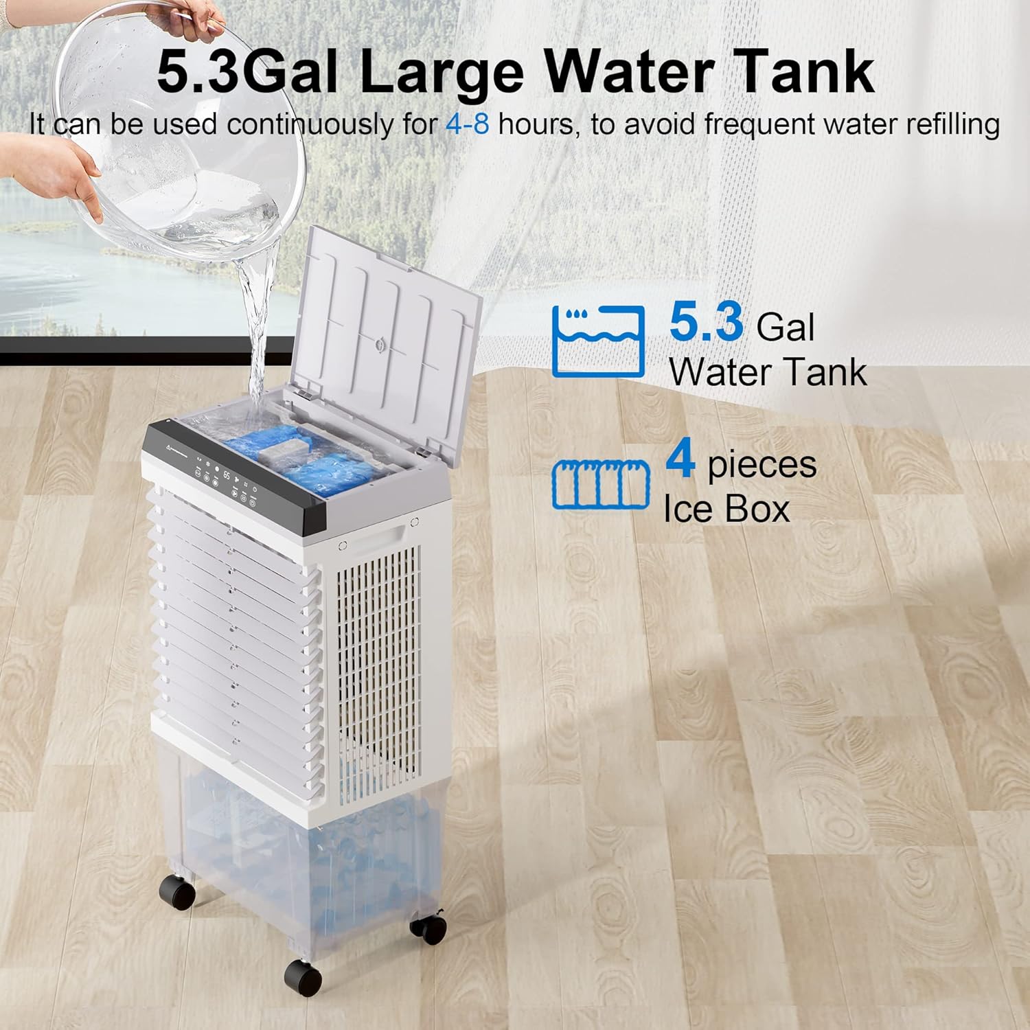 Sungdogin Enfriador de aire evaporativo, enfriador portátil de pantano con control remoto, ventilador de agua con tanque de agua de 5.3 galones,