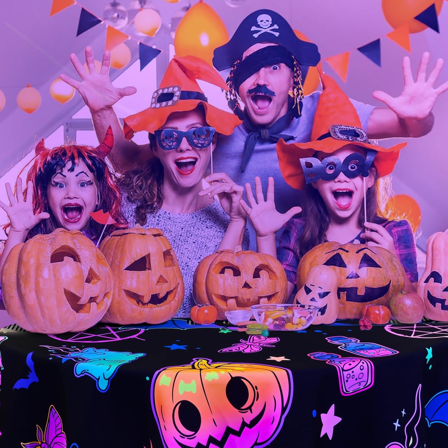 Alishomtll Mantel redondo fluorescente de Halloween de 60 pulgadas, mantel redondo para pedir dulce o truco, mantel impermeable con calabazas,