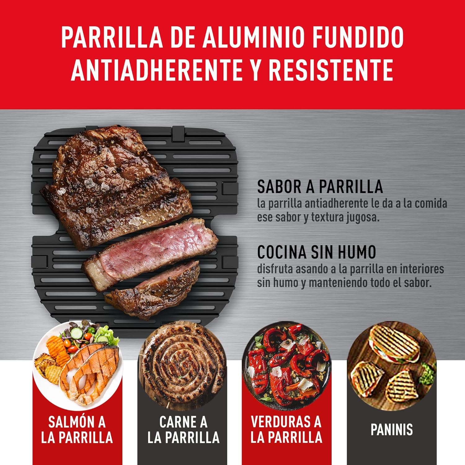 T-Fal Freidora de Aire con Parrilla Easy Fry & Grill con Antiadherente 4.2 L 1450 W Inoxidable EY505850, 8 programas automáticos