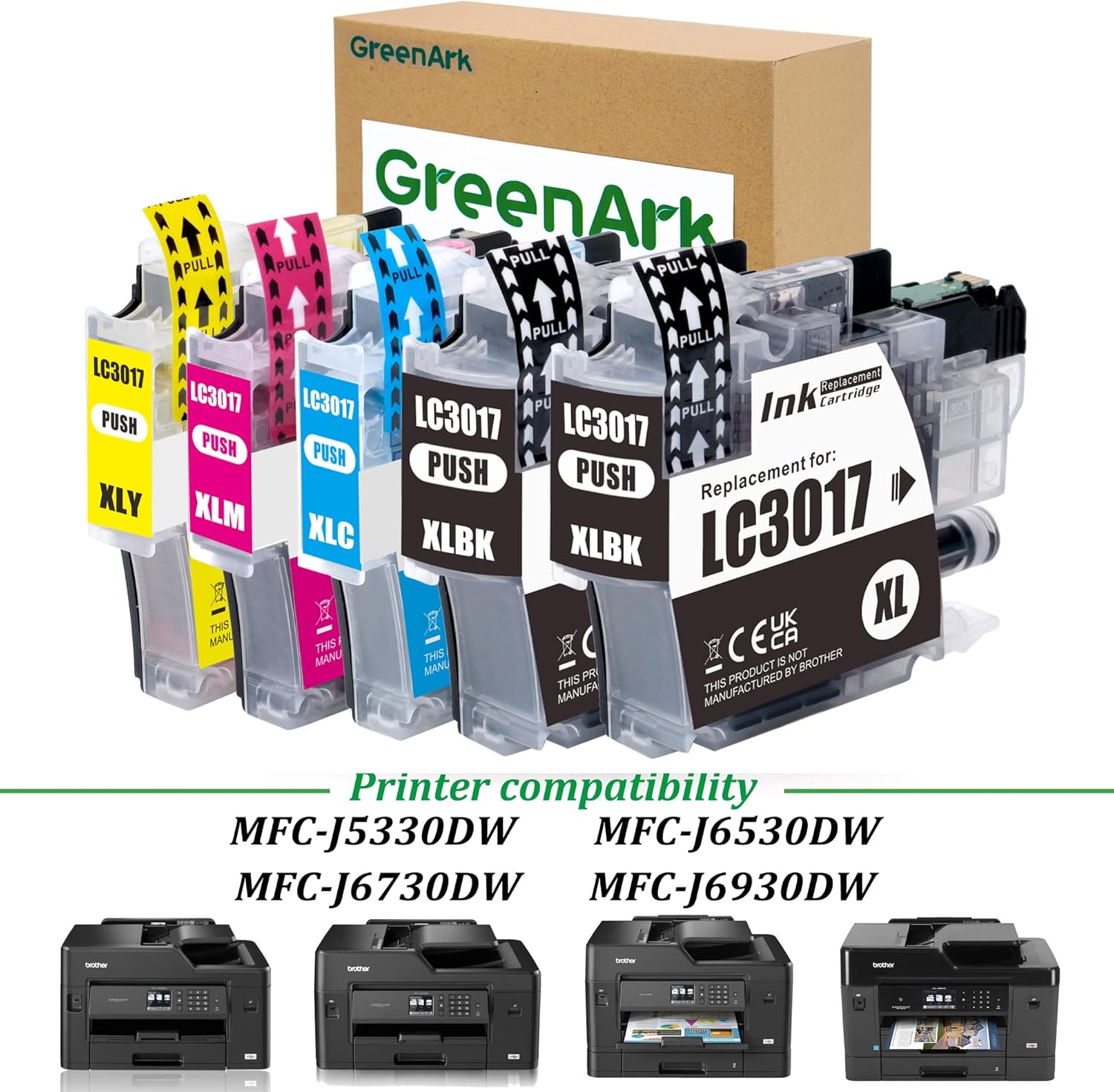 GREENARK Cartuchos de tinta compatibles de repuesto para Brother LC3017XL LC-3017XL (BKCMY) tinta de color de alto rendimiento, paquete de 5