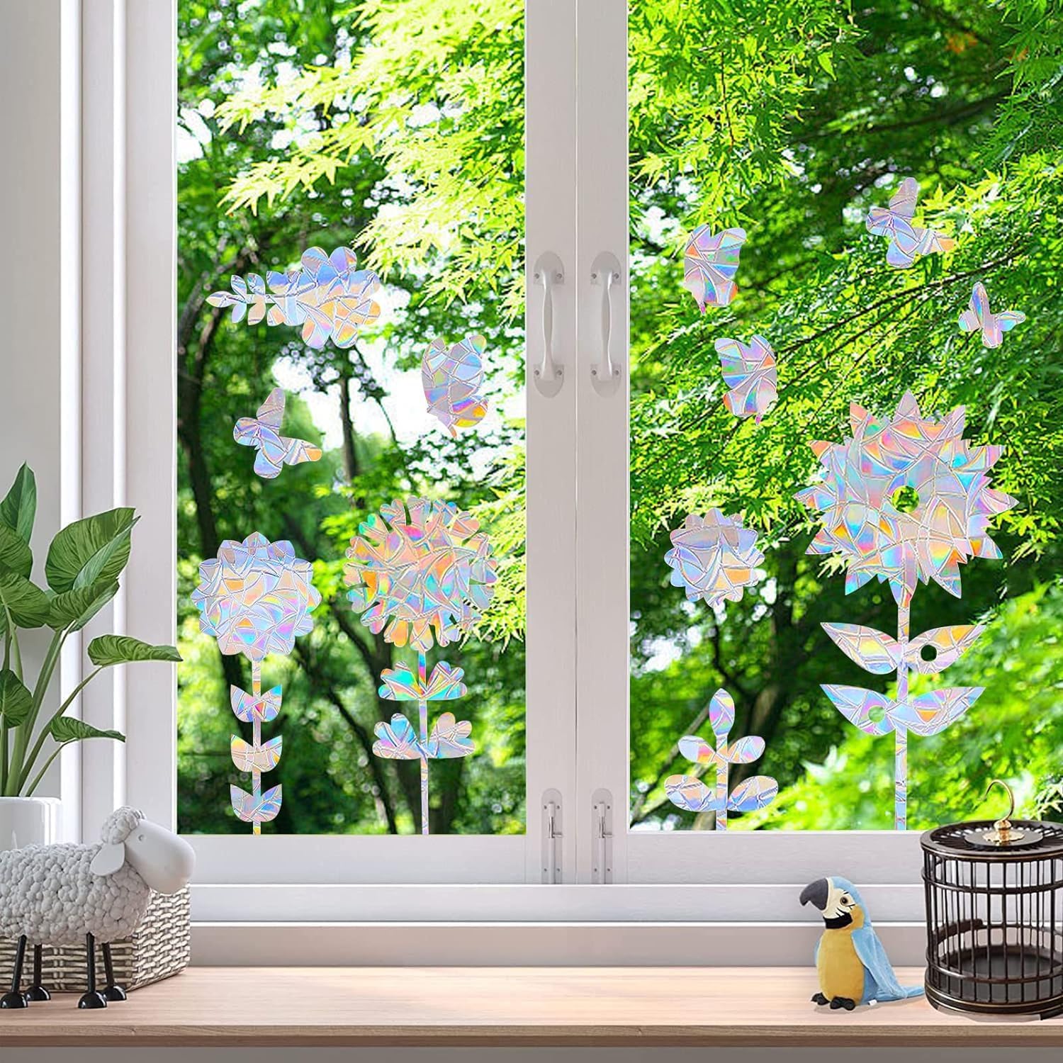 Calcomanías de ventana de flores, anticolisión de mariposa, calcomanías para salvar a los pájaros de colisiones de ventanas, vinilo prismático no