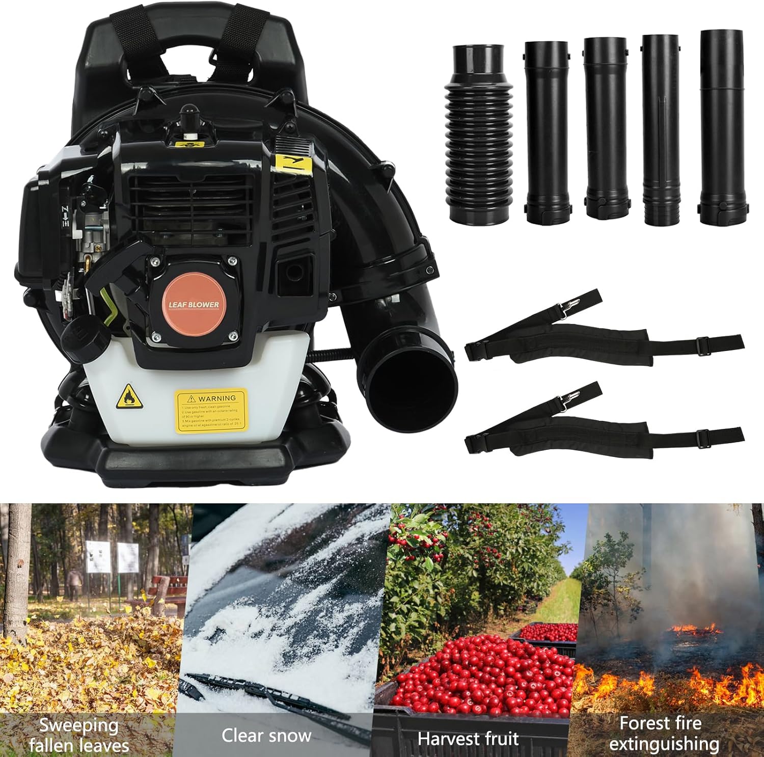 Soplador de hojas de 52CC 550CFM de un solo cilindro, refrigerado por aire, 1.7 HP, soplador de hojas de dos tiempos, ideal para remoción de nieve y