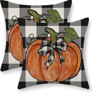 Juego de 2 fundas de almohada de otoño de 16 x 16 pulgadas, hojas de arce de calabaza y búfalo a cuadros, decoración de otoño, de lino, para Acción Juego de 2 fundas de almohada de otoño de 16 x 16 pulgadas, hojas de arce de calabaza y búfalo a cuadros, decoración de otoño, de lino, para Acción