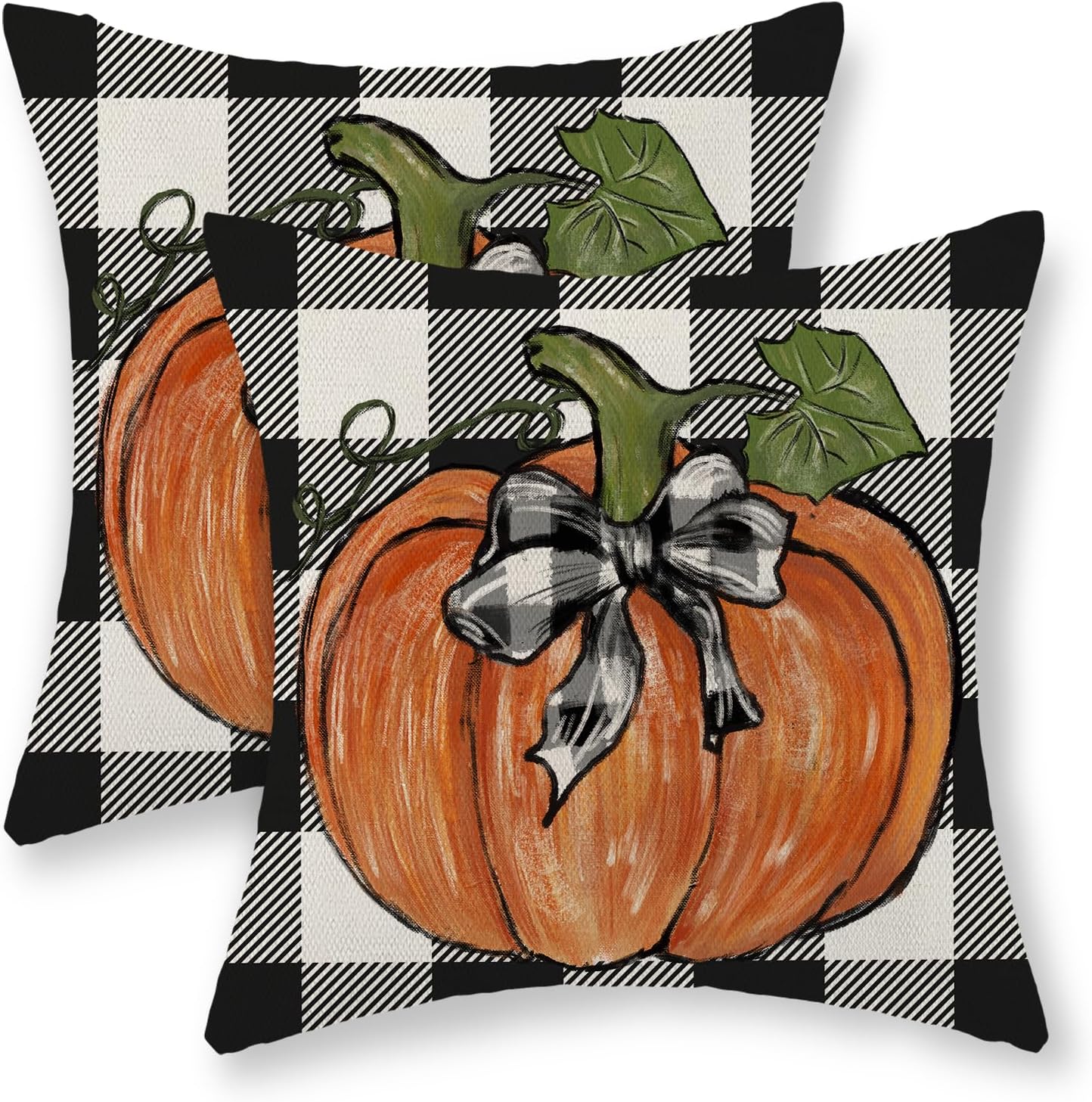 Juego de 2 fundas de almohada de otoño de 16 x 16 pulgadas, hojas de arce de calabaza y búfalo a cuadros, decoración de otoño, de lino, para Acción