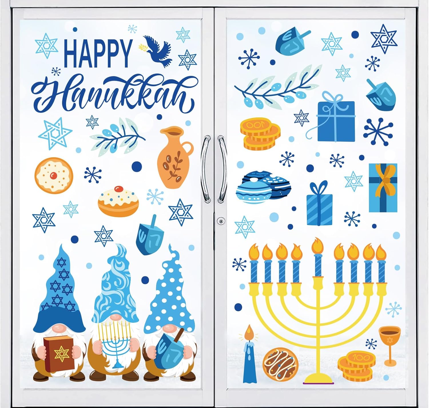 Whaline 151 calcomanías de ventana de Hanukkah de doble cara con diseño de gnomo de estrella de menorá azul-dorado, calcomanías de ventana con