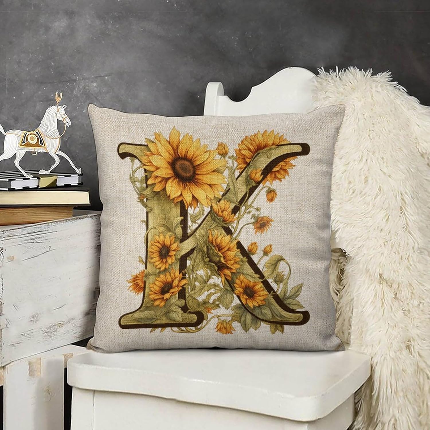 Fundas de almohada con monograma de girasol de verano con letra K, diseño floral con inicial de 18 x 18 pulgadas, para niñas, niños, hogar, granja,