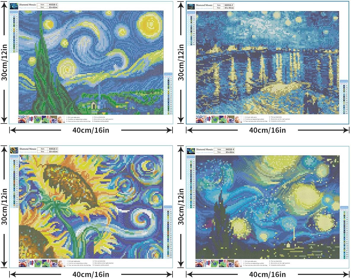 ZuoAnLF Paquete de 4 kits de pintura de diamantes 5D para adultos, kit de manualidades de pintura de diamantes de Van Gogh para decoración de pared