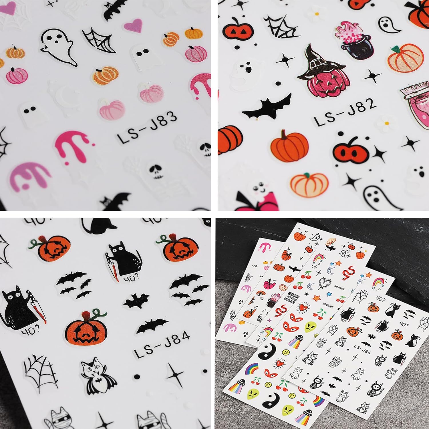 Calcomanías de uñas de Halloween, calabazas de dibujos animados, fantasmas, uñas, calcomanías 3D autoadhesivas para arte de uñas, bonitos