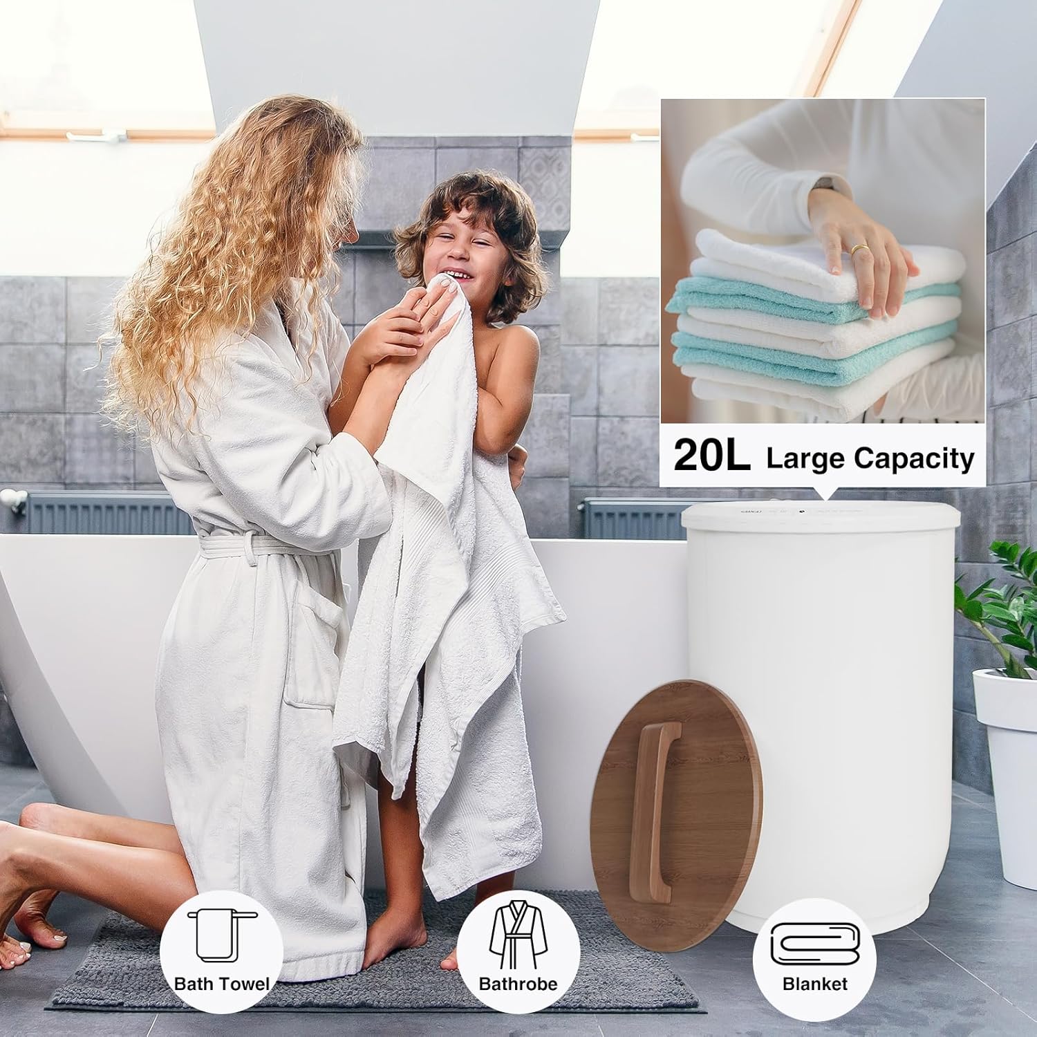 SAMEAT Calentador de toallas grande para baño, calentador de toallas con calefacción, tapa de madera, apagado automático, se adapta a hasta dos