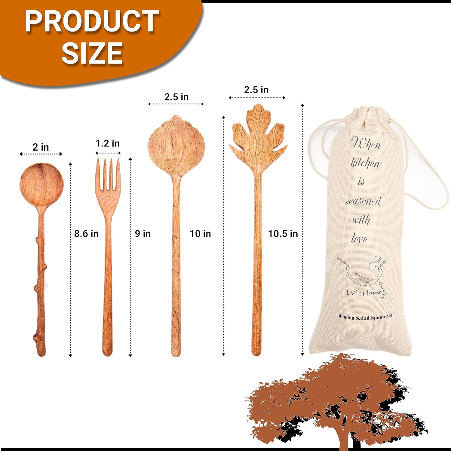 BVicHair Juego de 4 cucharas y tenedores de madera, juego de cucharas de ensalada de madera, regalos de amas de casa reales, regalos de cocina para