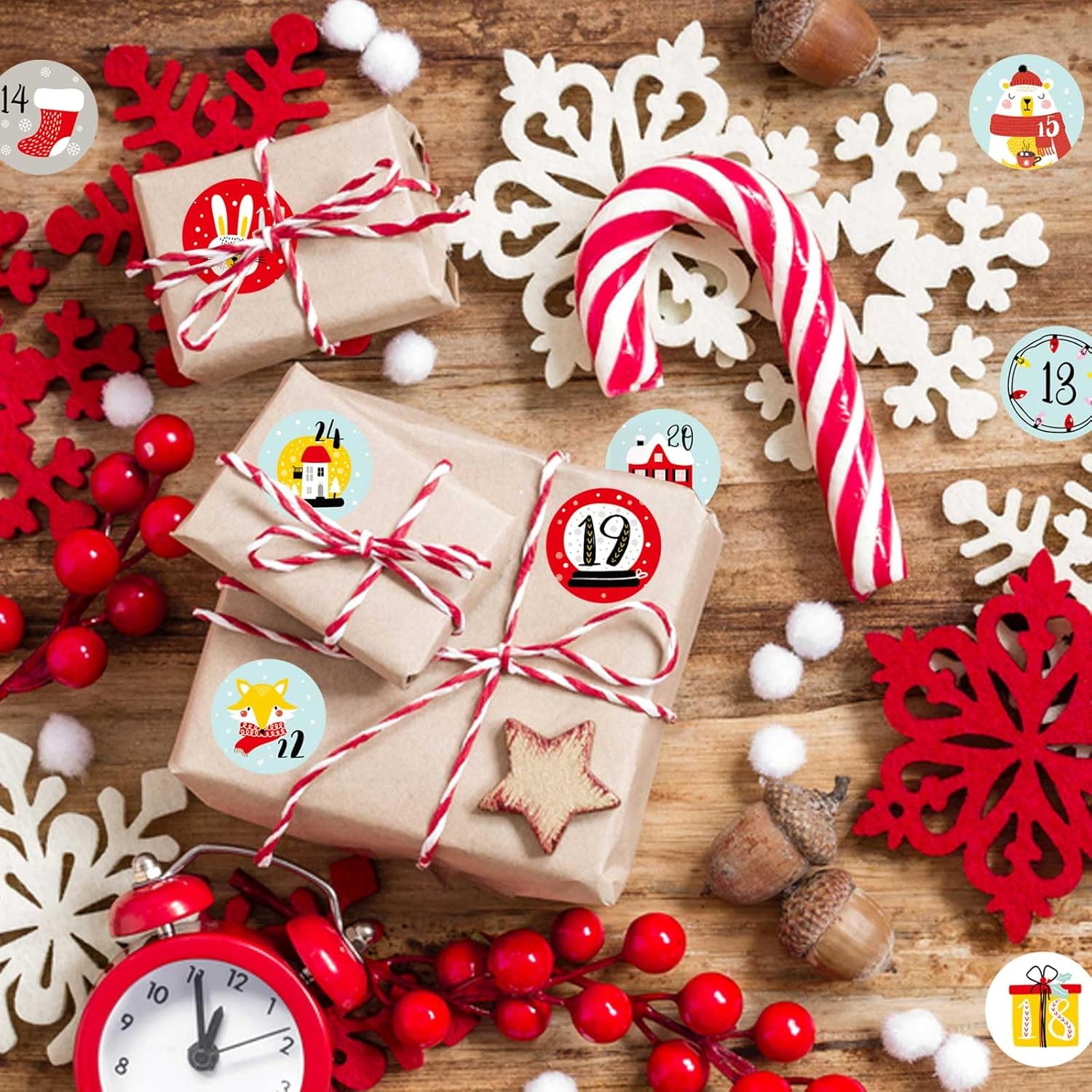 16 hojas de calcomanías de números del calendario de Adviento de Navidad, calcomanías de cuenta regresiva de 24 días, etiquetas de regalo de Navidad