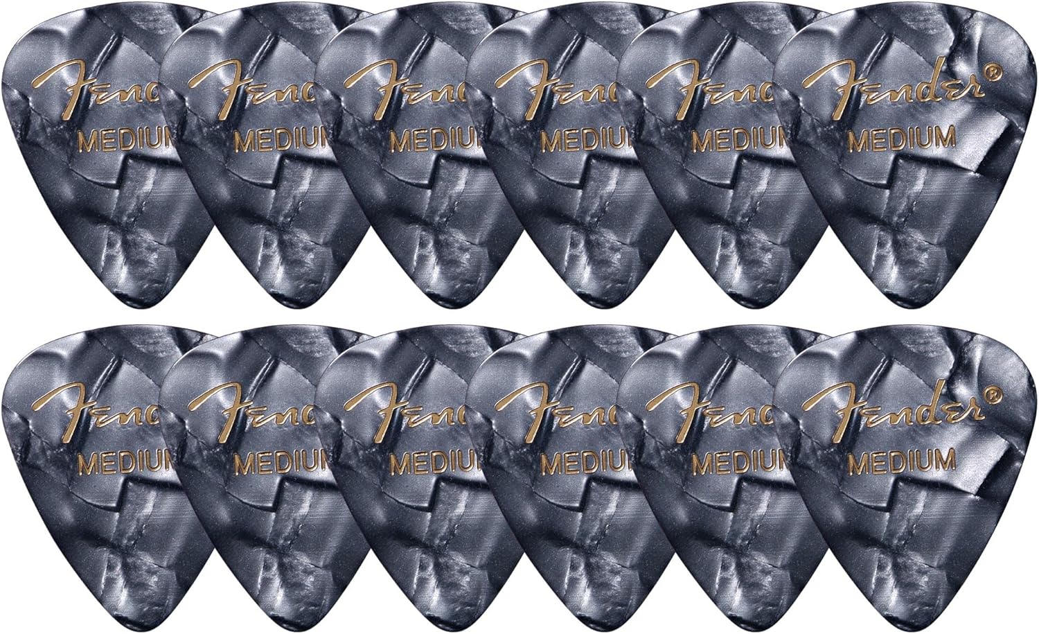 Fender Premium Celluloid 351 Shape Picks, mediano, negro Moto – 12 unidades