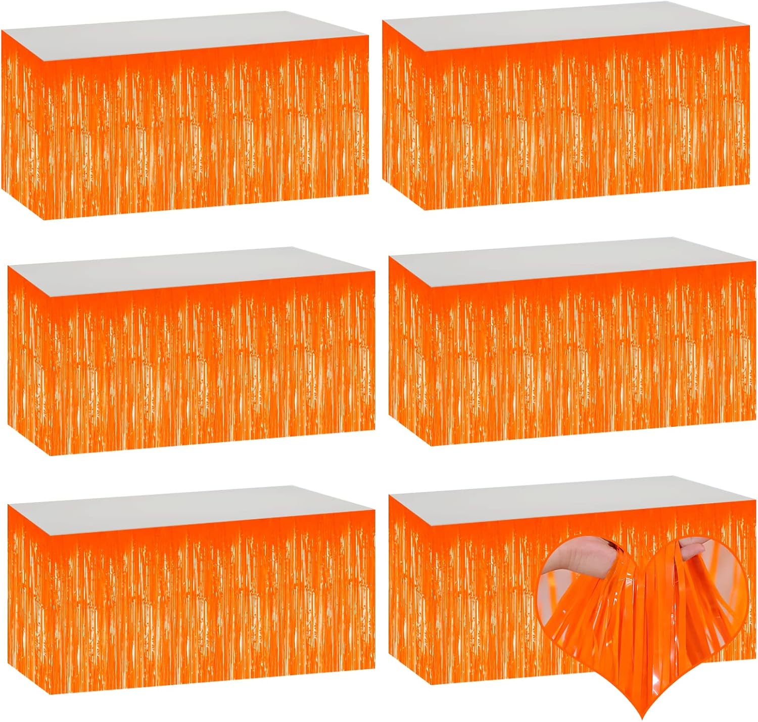 Paquete de 6 faldas de mesa de 29 x 108 pulgadas con flecos metálicos de color naranja para decoración de fiesta de oropel con serpentina, cortinas