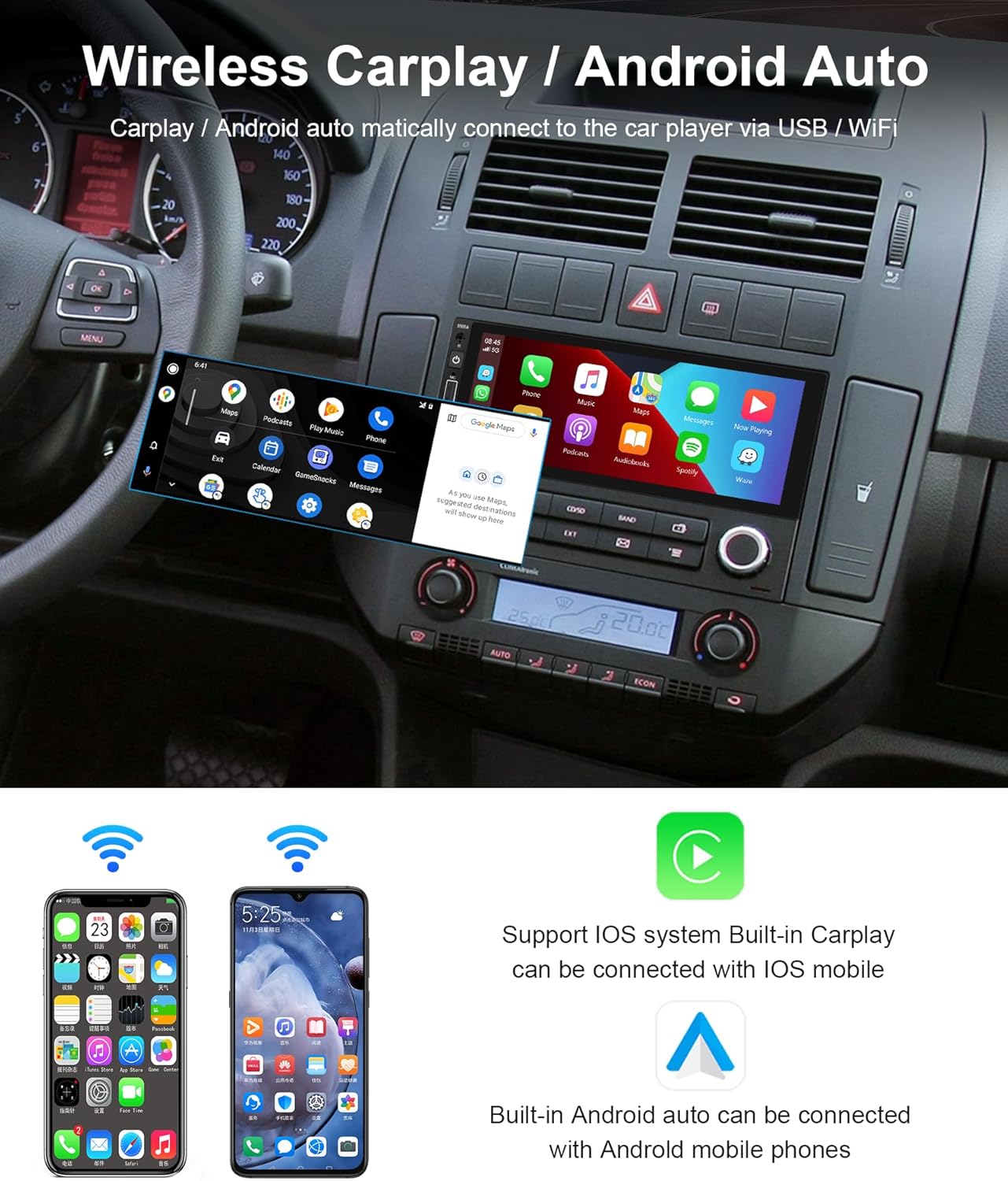 2G+32G Android Single DIN inalámbrico Apple Carplay Car Stereo Android Auto podofo 6.86 pulgadas Pantalla táctil HD Bluetooth Radio de coche en Dash