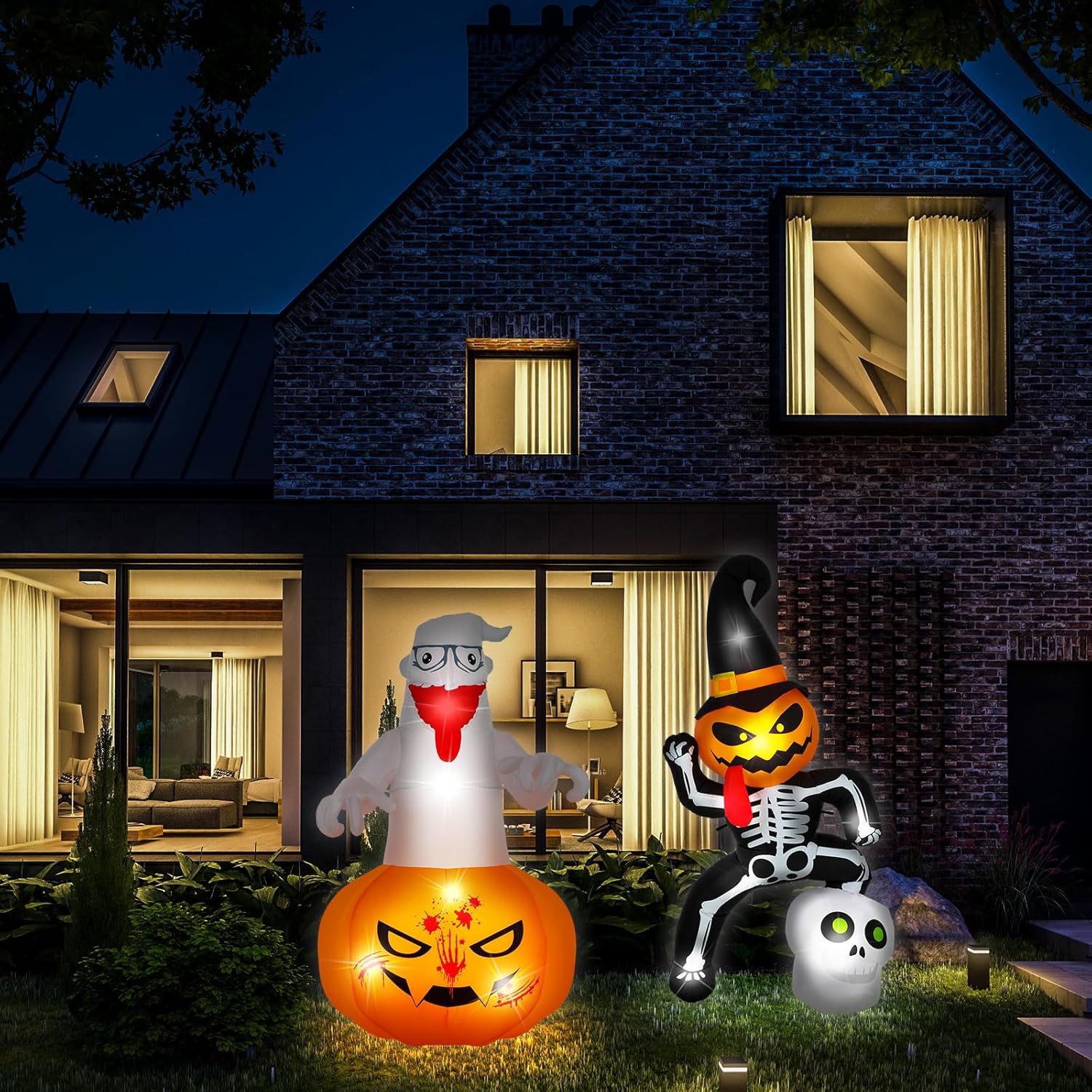 2 piezas inflables de Halloween de 5 pies, decoración de esqueleto de calabaza fantasma, Halloween con luces LED integradas para decoración de