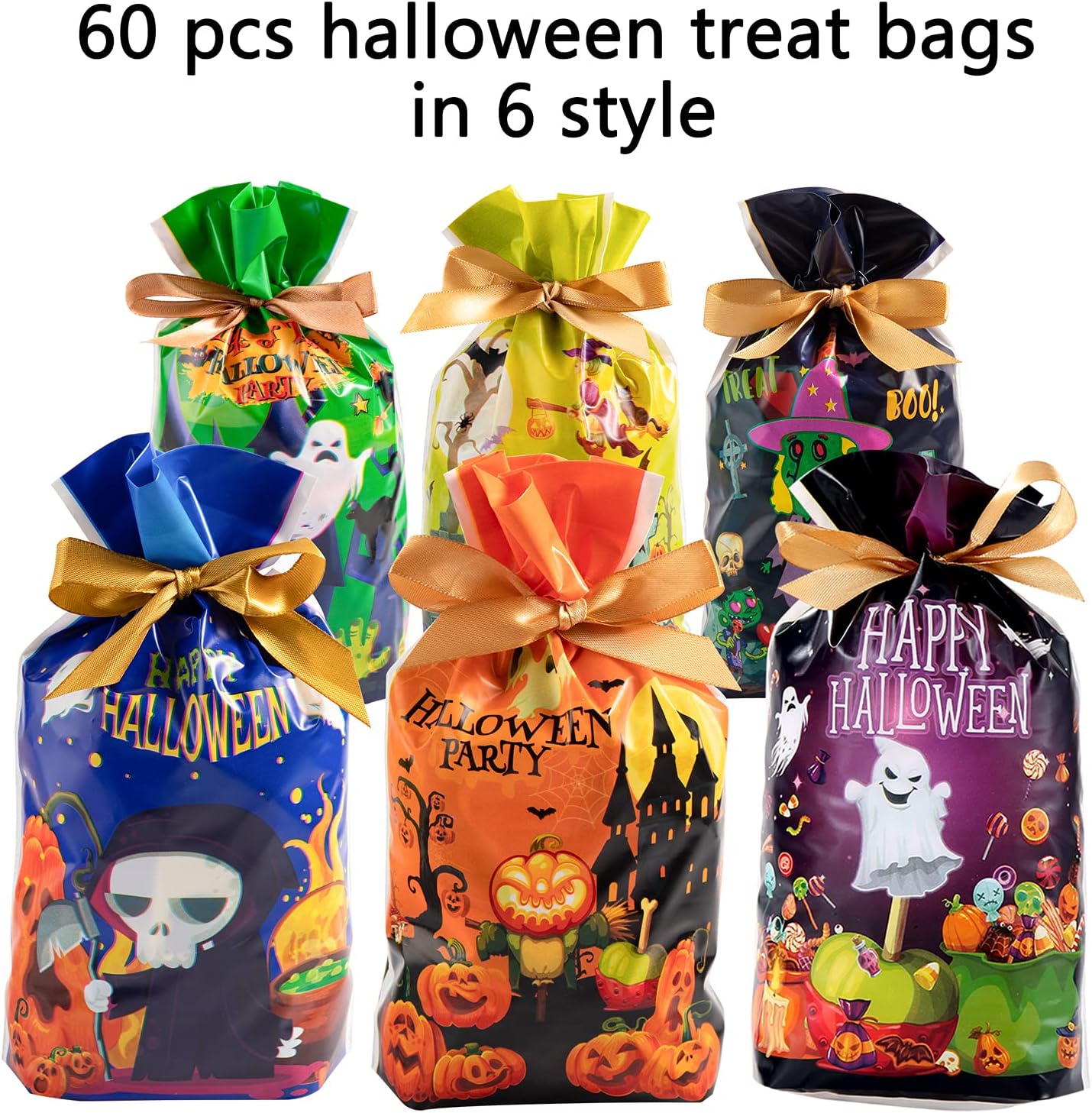 60 bolsas de Halloween con cordón para golosinas, bolsa de golosinas de Halloween para dulce o truco, bolsas de dulces de Halloween, suministros de