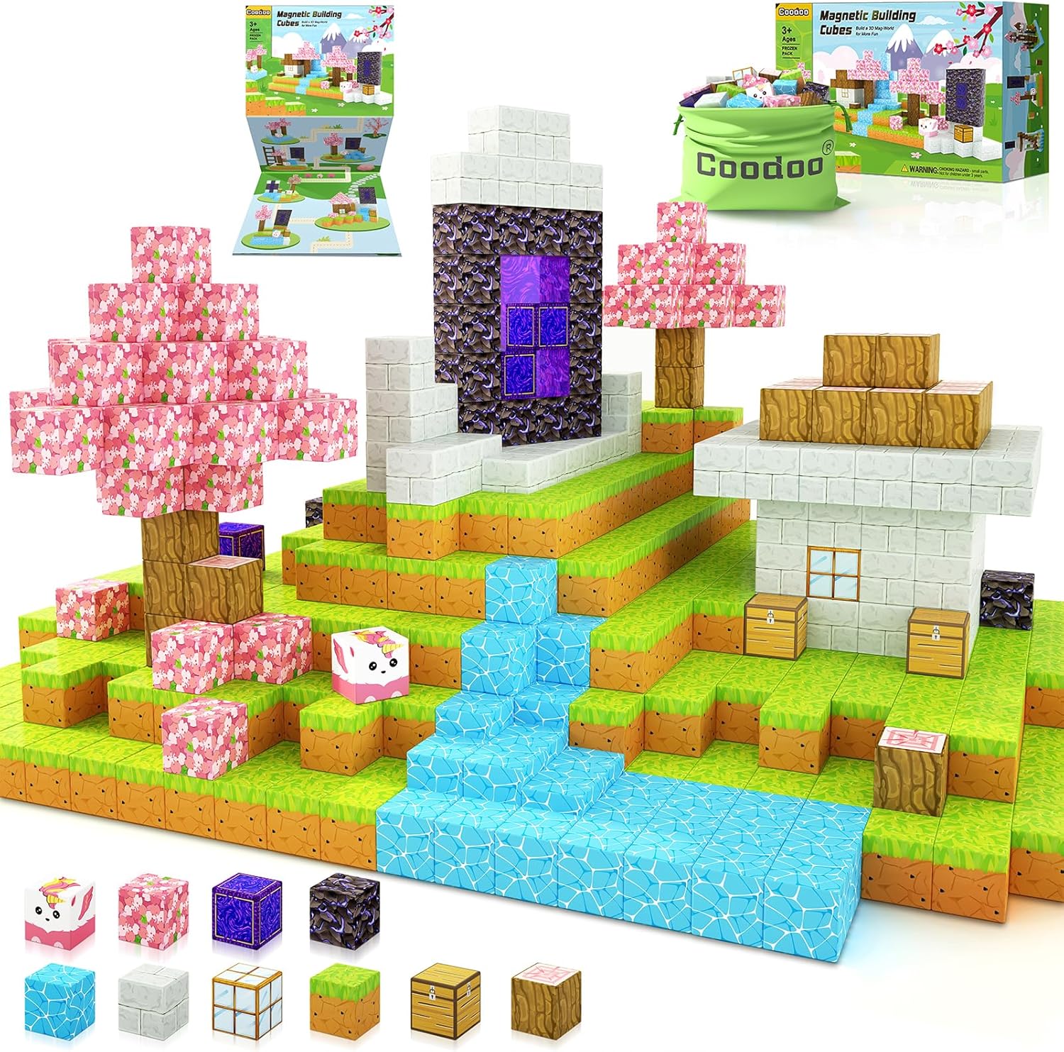 Bloques magnéticos – Juego de bloques magnéticos de construcción de minas con diseño de cerezo, azulejos magnéticos, juguetes STEM para niños y