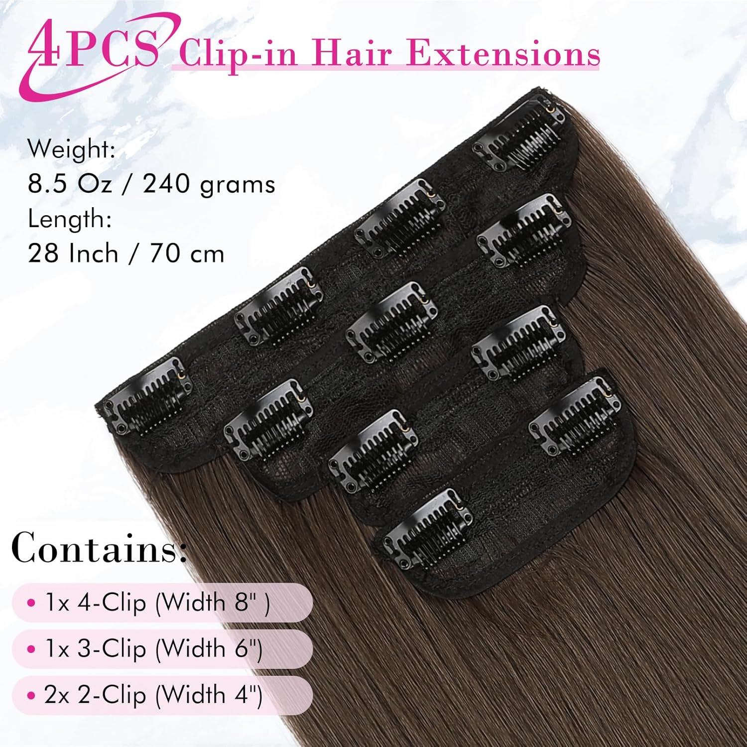 REECHO Juego de 4 extensiones de cabello con clip de 28 pulgadas, lacio, largo y grueso, marrón chocolate