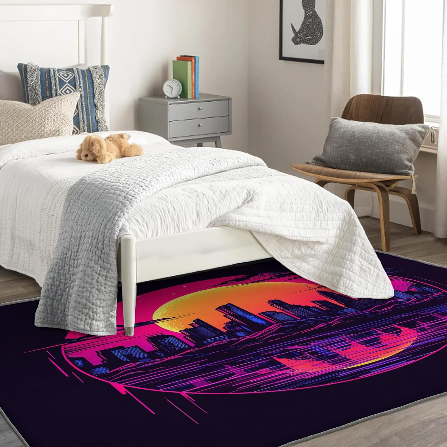 Alfombra neón de ciudad y decoración del hogar, alfombra de 3 x 4 pies, alfombras de paisaje urbano para sala de estar, dormitorio, alfombra