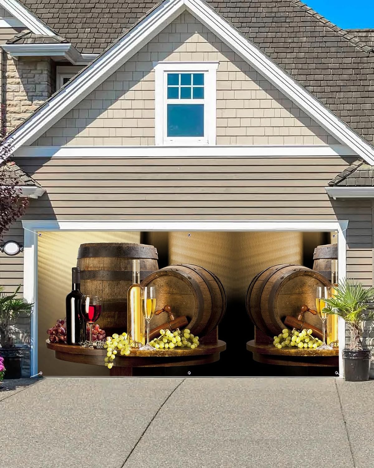 Red Wine Grape Wooden Barrel Garage Door Decorations, Abstract Art Garage Door Banner Cover with Grommets, Garage Door Mural Backdrop Decoration for