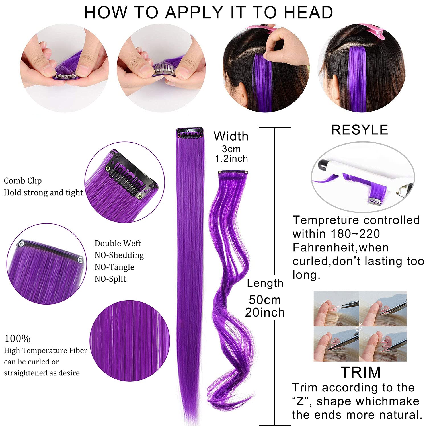 10 extensiones de cabello de color lavanda y morado claro de 21 pulgadas para niñas, extensiones de cabello de color con clip para mujer,