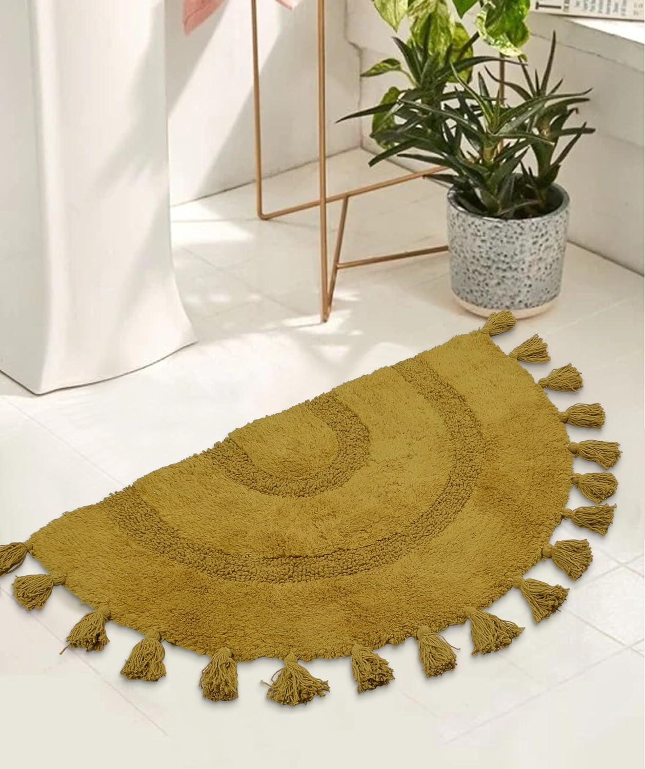 Alfombra de baño bohemia de medio círculo con borlas, 100 % algodón, tejida a mano, antideslizante, absorbente, con almohadilla para alfombra,