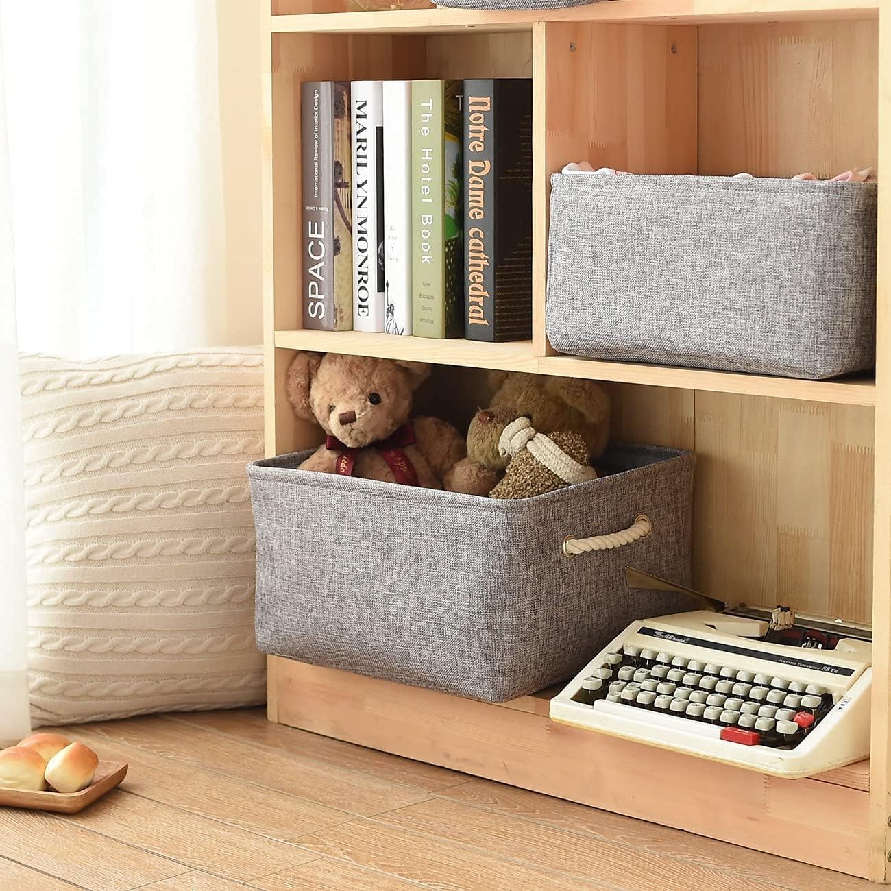 Cesta de organización y almacenamiento para organizar, paquete de 4 contenedores plegables grandes de 16 x 12 x 8 pulgadas para estantes, cubos de