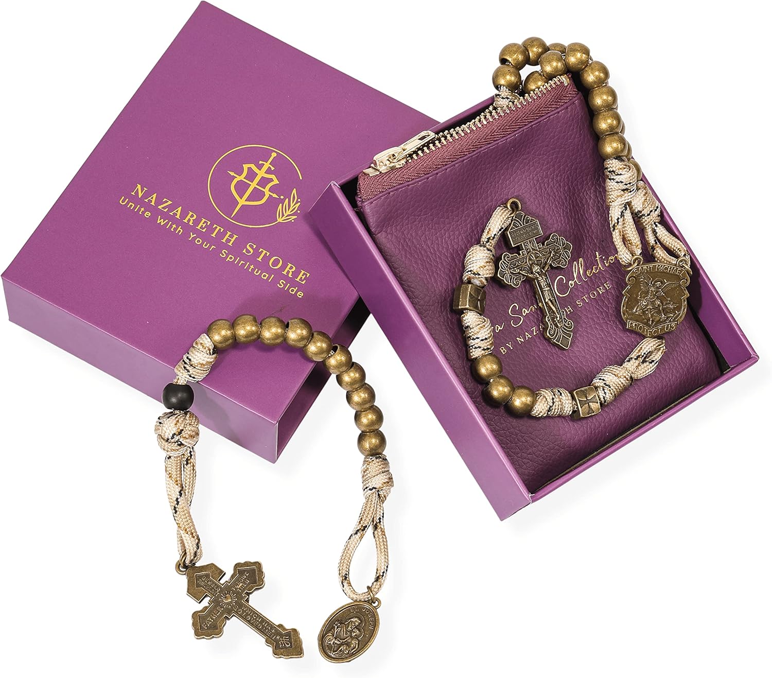 Nazareth Store Juego de rosarios de cuerda de paracaídas, collar de rosario resistente y rosario de una década con cordón fuerte y pesado con San