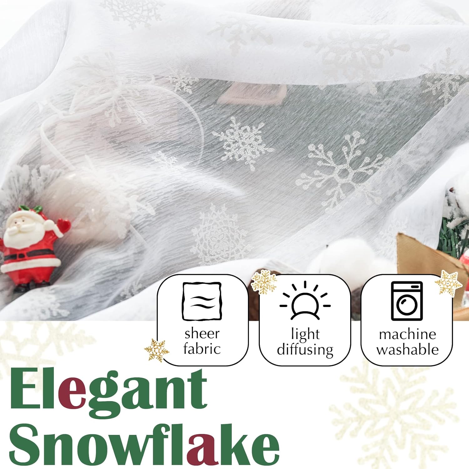jinchan Cortinas de Navidad transparentes blancas con diseño de copo de nieve de 54 pulgadas de largo para dormitorio, cortinas de nieve con