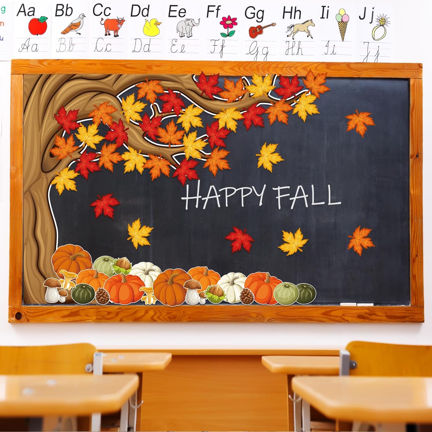 Juego de tablón de anuncios de árbol grande de 4 pies, decoración de tablón de anuncios de otoño con hojas de arce, recortes de calabazas para aula,
