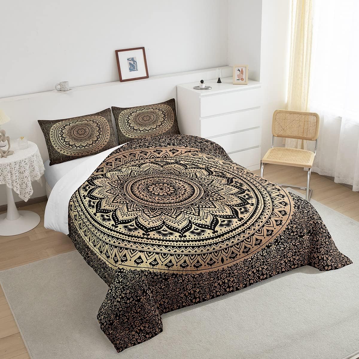Castle Fairy Juego de edredón bohemio de mandala para niños, niñas, niños y adolescentes, edredón bohemio de 3 piezas, color marrón y negro, tamaño