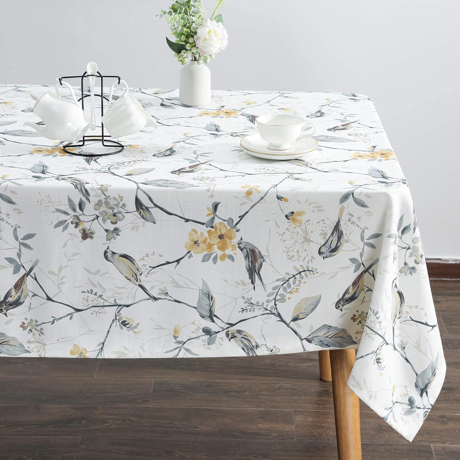 VOGOL Manteles de primavera y verano, sin arrugas, antidecoloración, mantel rectangular de lino con pájaros grises y flores para cocina, comedor,