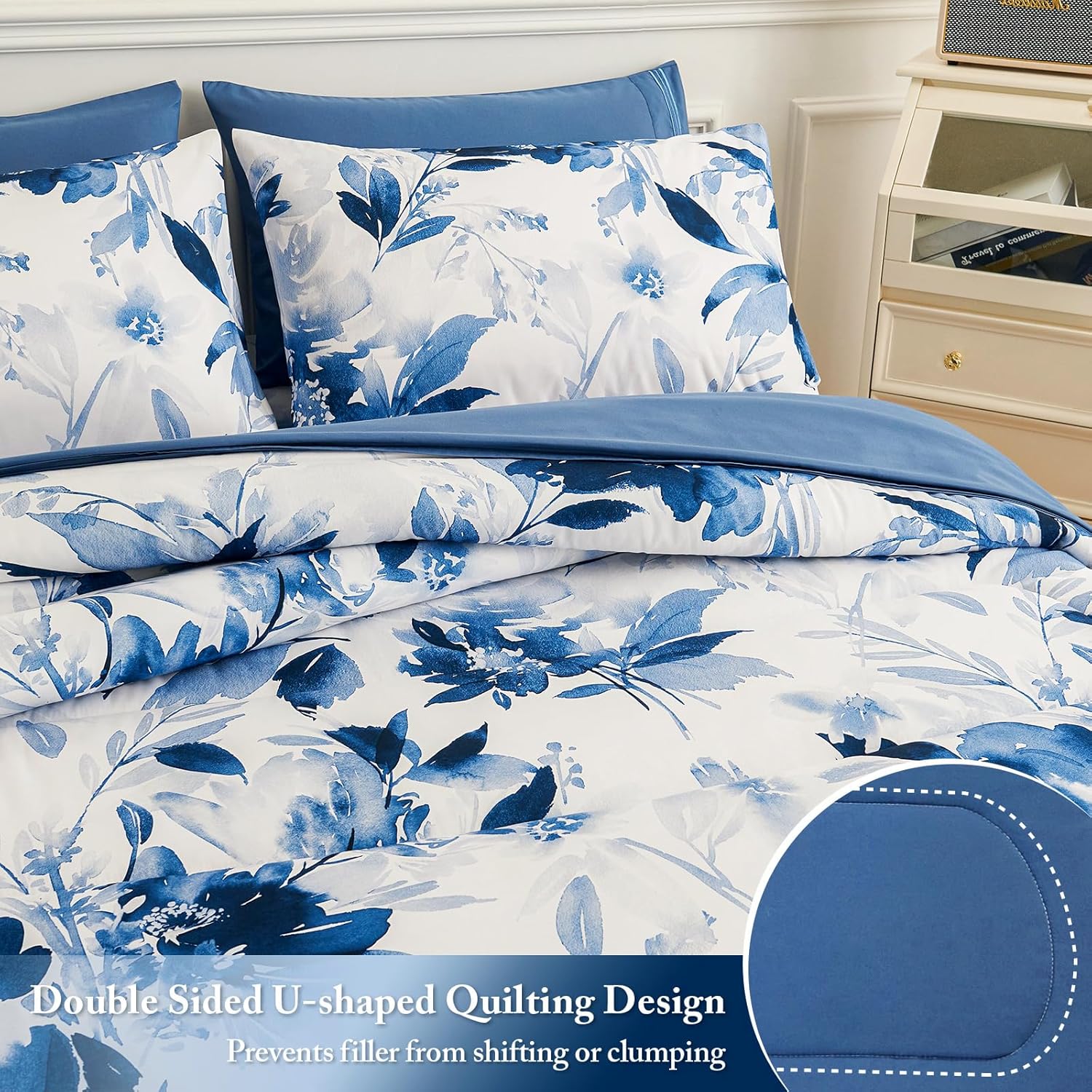 YIYEA Juego de edredón tamaño King  Estampado floral  7 piezas de cama en una bolsa  Juegos de ropa de cama para todas las estaciones con edredón,