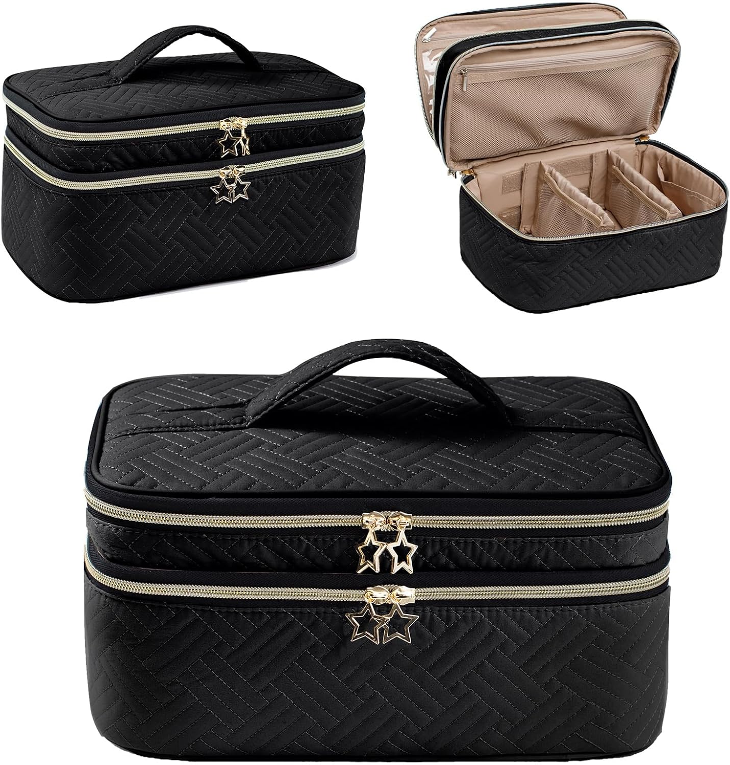 AMOIGEE Bolsa de maquillaje grande, organizador de bolsa de maquillaje de viaje, estuche de tren de doble capa, bolsa de maquillaje, bolsa de aseo