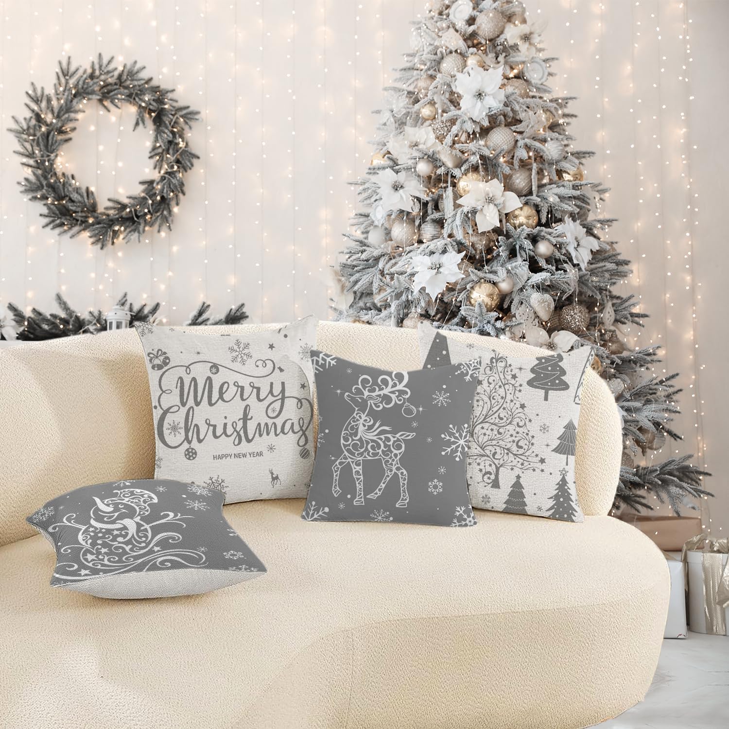Artmag Juego de 4 fundas de almohada de Navidad grises de 20 x 20 pulgadas, decoración navideña, árboles, ciervos, muñeco de nieve, Feliz Navidad,