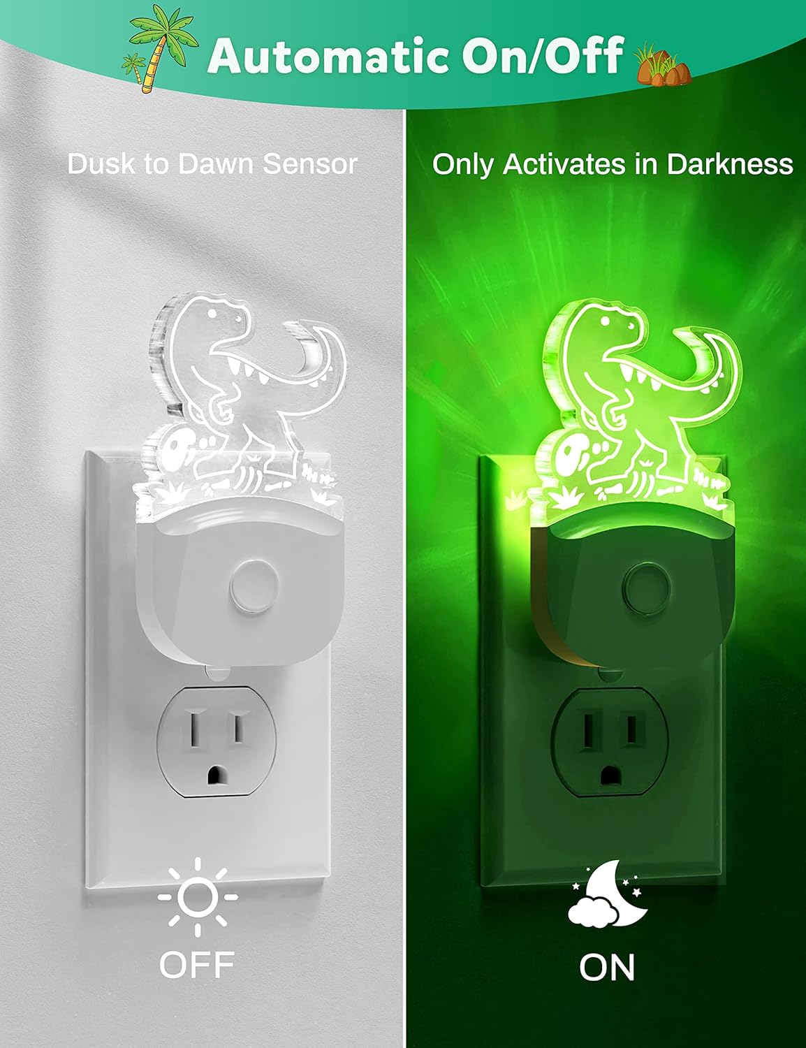 Luz nocturna de dinosaurio para niños 2 unidades, 8 colores cambiantes de luz nocturna para niños, luz nocturna de bebé con sensor de atardecer a