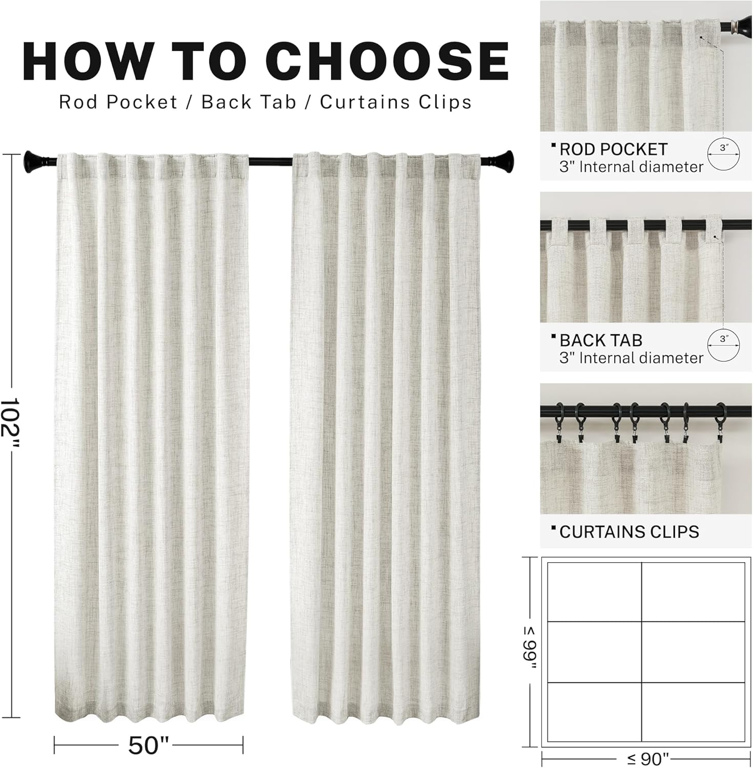 MEETBILY Cortinas traslúcidas de lino natural de 102 pulgadas de largo para sala de estar, juego de 2 paneles con bolsillo con pestaña trasera,